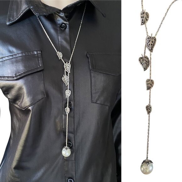 Silver Tone Long Crystal Leaves Pearl Drop Necklace - Picture 1 of 10
